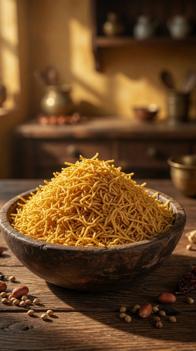 Malwa Sev in a traditional Indian food setting